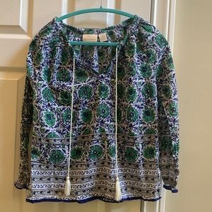Only worn once. Cynthia Rowley summer blouse with blue, white and green pattern